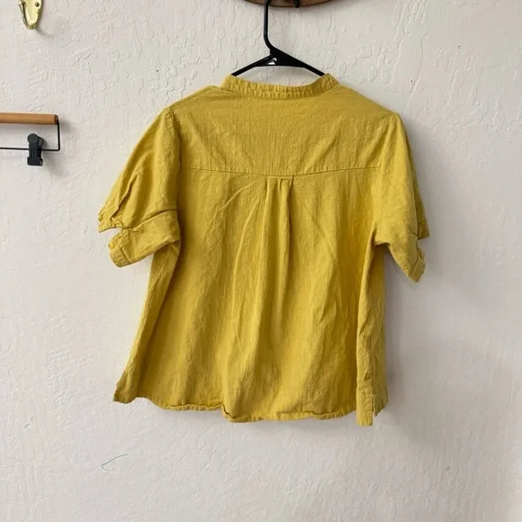 Yellow Linen Cotton Blend Boxy Embroidered Button Down Short Sleeve - Picture 6 of 6